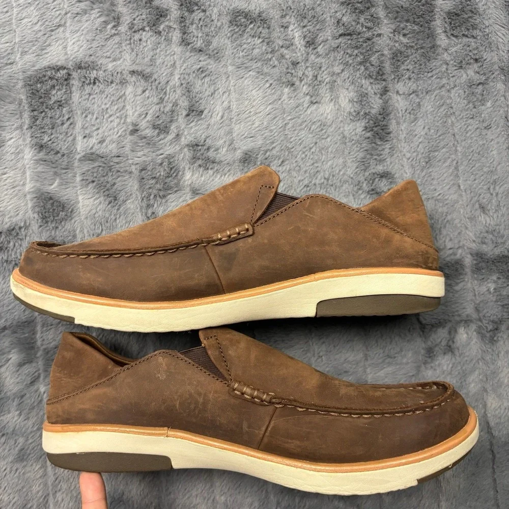 OluKai Kalia Puki Brown Leather Slip On Loafers Mens 12 Drop-In Heel 10453-6363